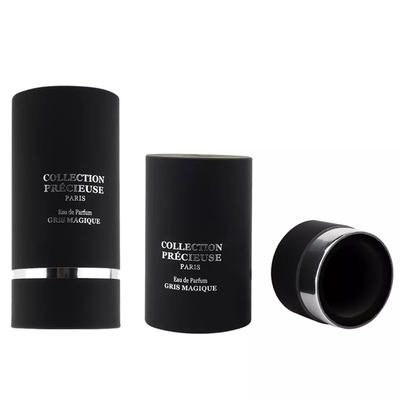 Kemasan Tabung Parfum Bulat Hitam Datar dengan EVA Insert Silver Stamping Kemasan Tabung Kosmetik