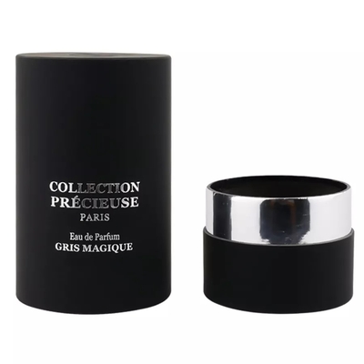 Kemasan Tabung Parfum Bulat Hitam Datar dengan EVA Insert Silver Stamping Kemasan Tabung Kosmetik