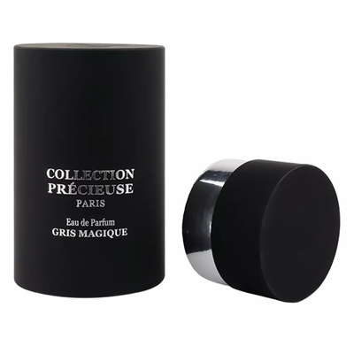 Kemasan Tabung Parfum Bulat Hitam Datar dengan EVA Insert Silver Stamping Kemasan Tabung Kosmetik