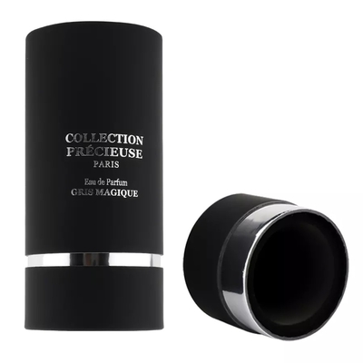 Kemasan Tabung Parfum Bulat Hitam Datar dengan EVA Insert Silver Stamping Kemasan Tabung Kosmetik